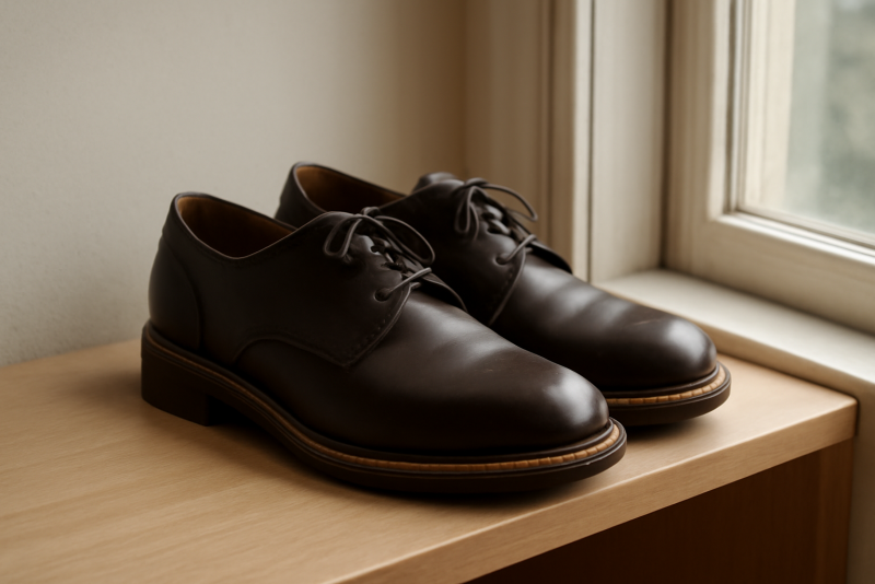 paire de chaussures posée sur une étagère près d'une fenêtre
