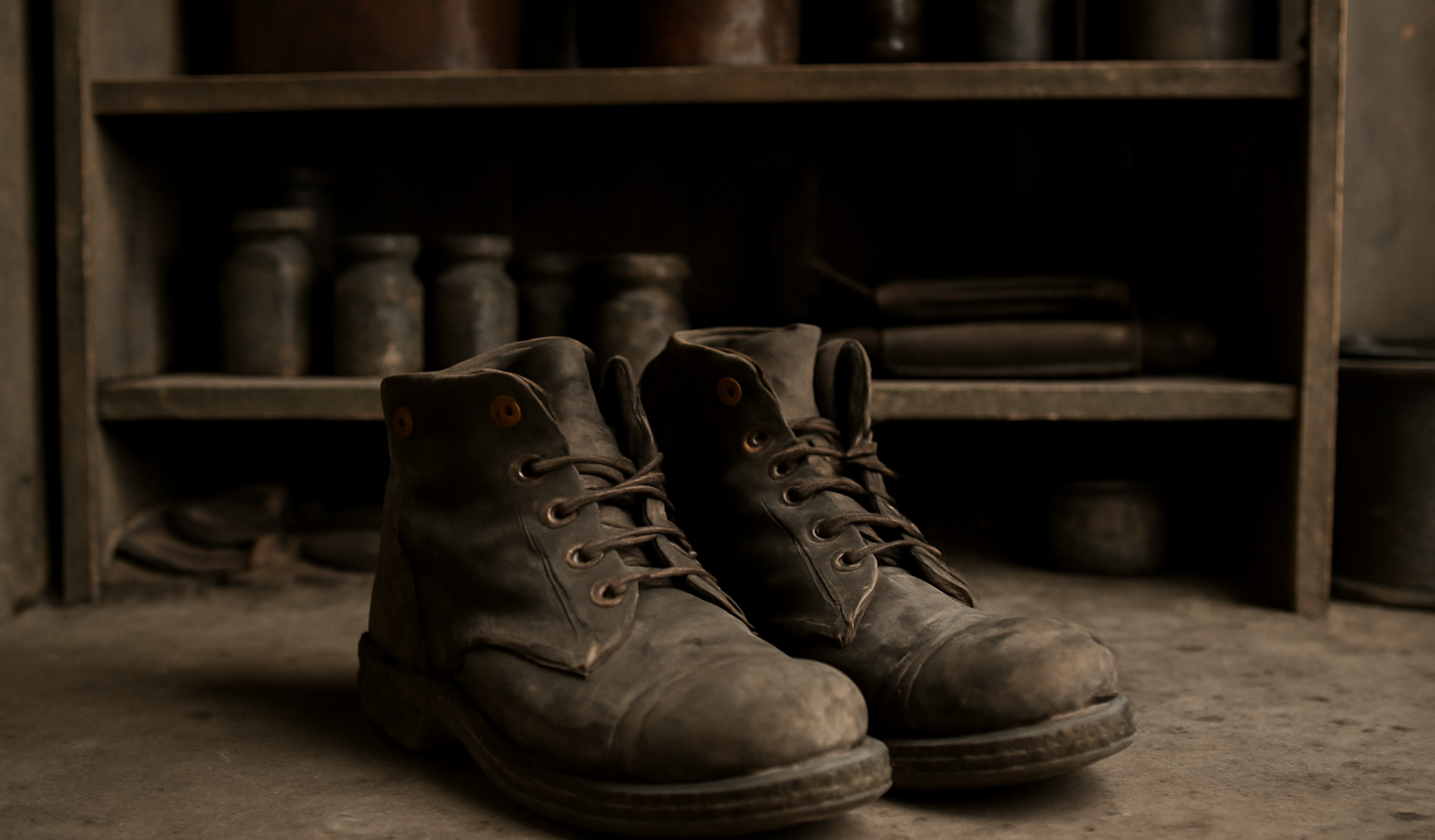 paire de chaussures usées devant étagère d'atelier