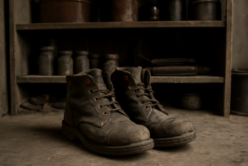 paire de chaussures usées devant étagère d'atelier