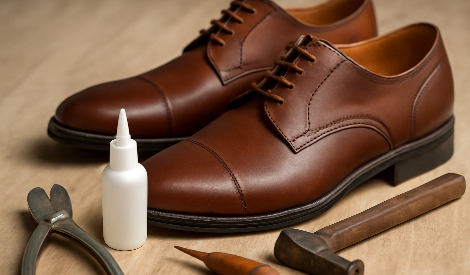 chaussure posee avec outils et colle