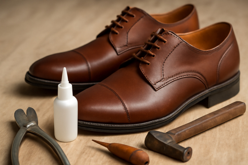 chaussure posee avec outils et colle