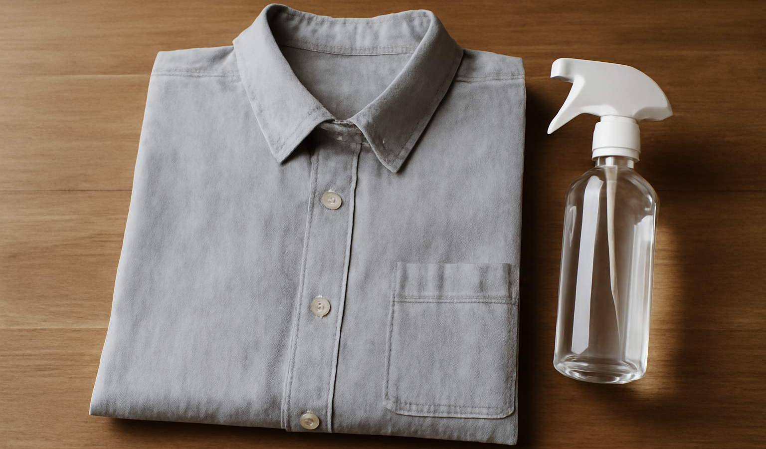 chemise posée sur table avec bouteille vaporisateur