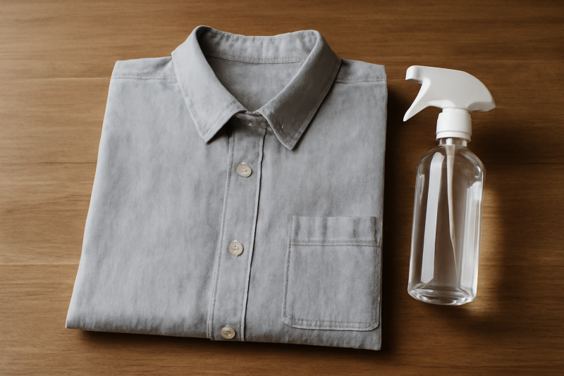chemise posée sur table avec bouteille vaporisateur
