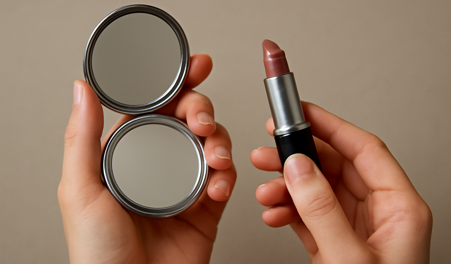 mains tenant mini-miroir et baume à lèvres