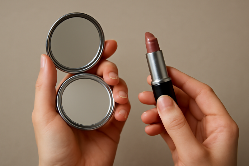 mains tenant mini-miroir et baume à lèvres
