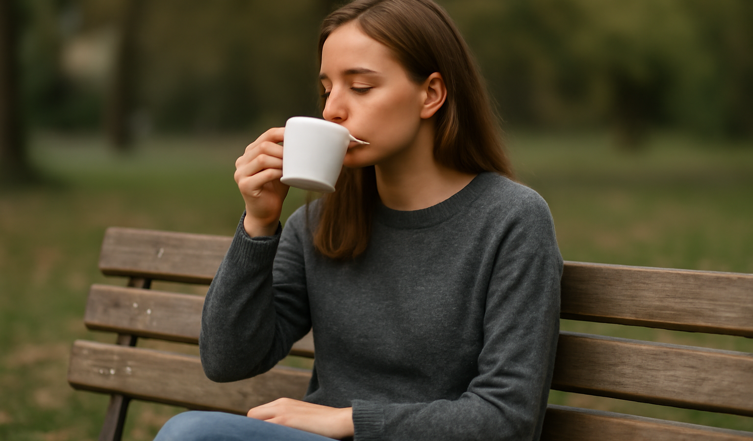 personne buvant un thé assise sur un banc
