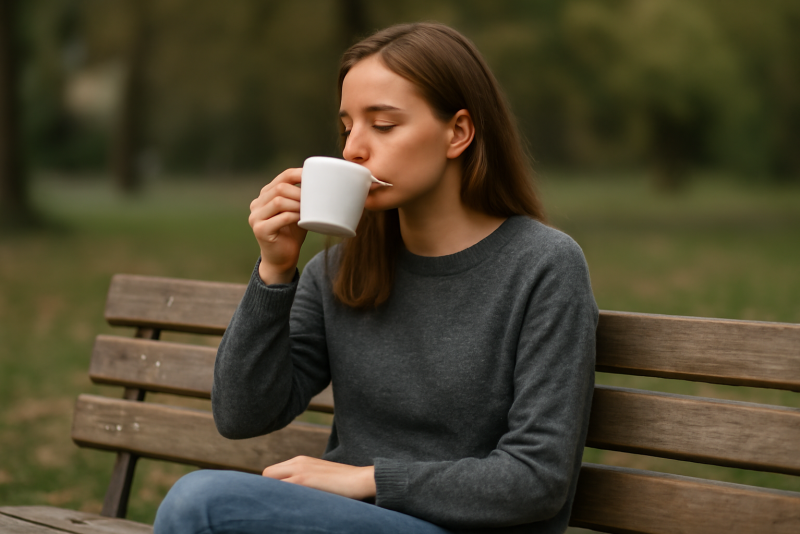 personne buvant un thé assise sur un banc