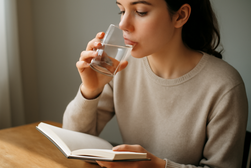 personne assise buvant eau avec carnet