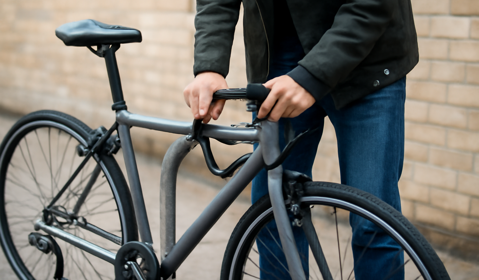 personne attachant vélo avec antivol sur arceau