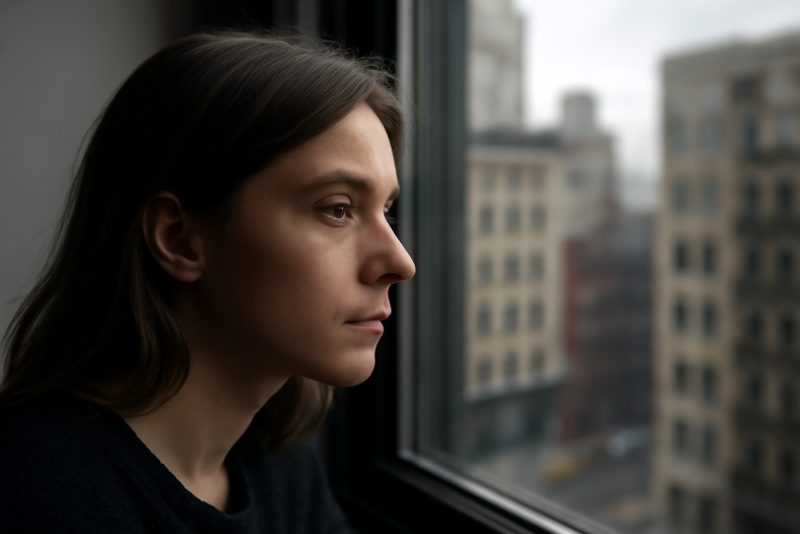 visage regardant par la fenêtre en milieu urbain