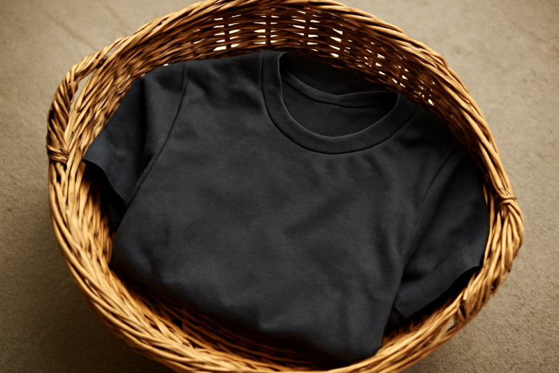 t-shirt foncé dans panier à linge