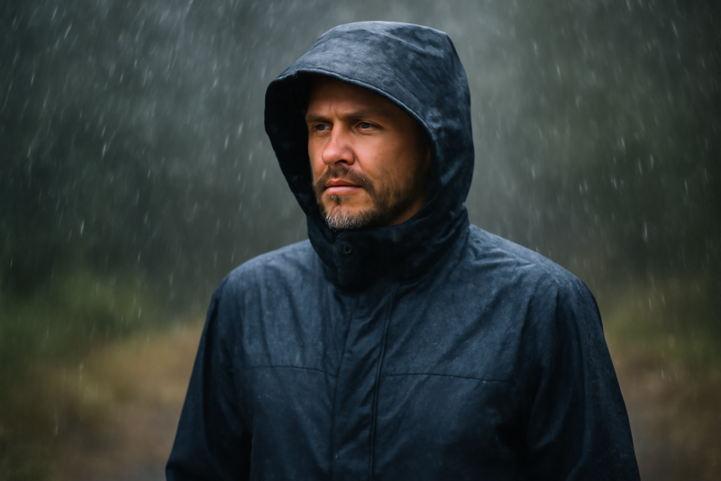personne portant veste impermeable sous pluie legere