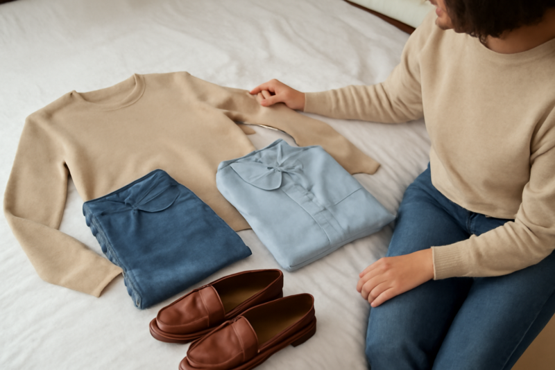 personne choisissant tenue sur lit ordonne