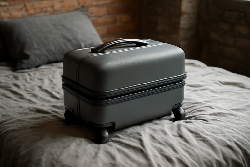 valise compacte posée sur lit urbain