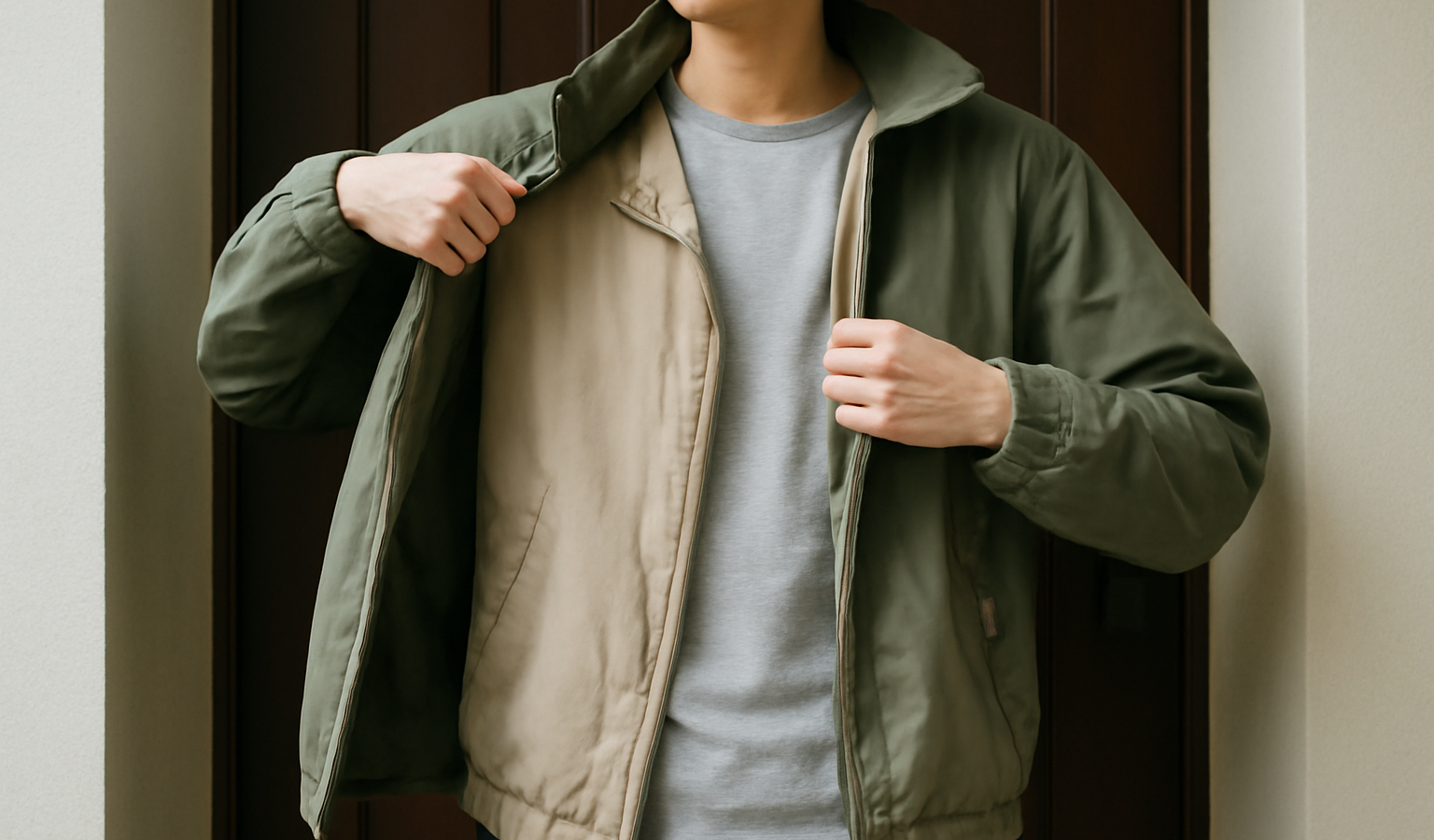 personne superposant vestes légères près d'une porte