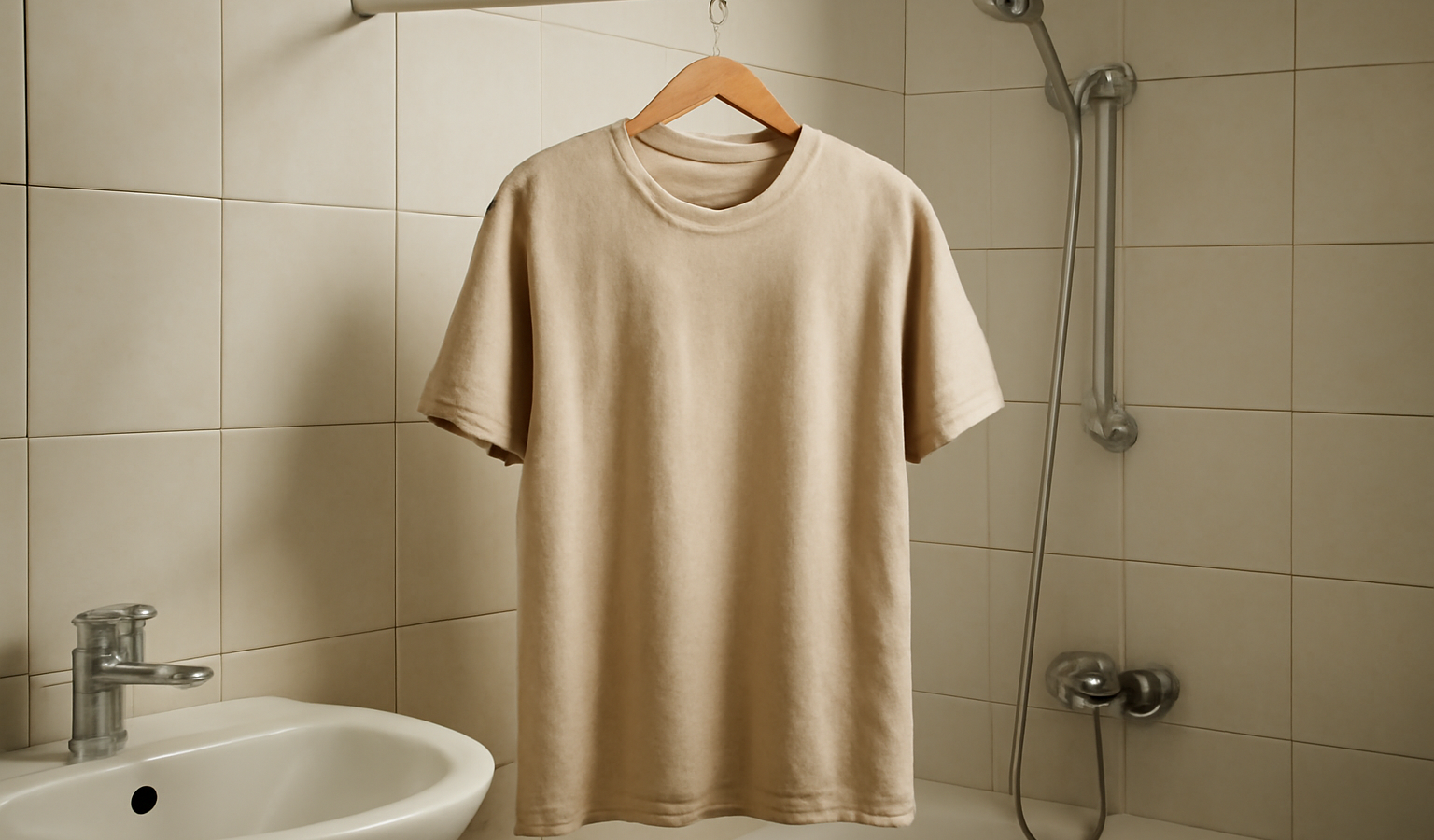 vêtement accroché après lavage dans une salle de bain