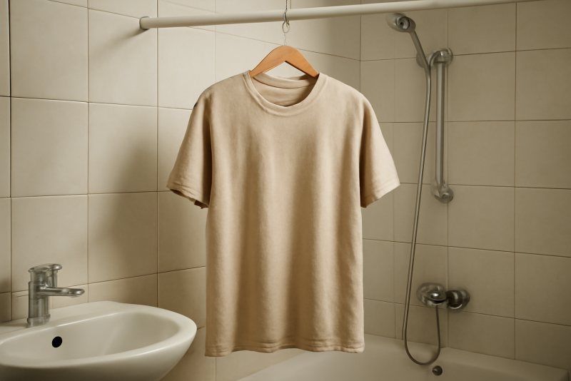 vêtement accroché après lavage dans une salle de bain