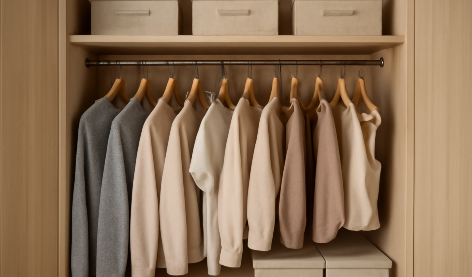 placard organisé avec cintres et boîtes