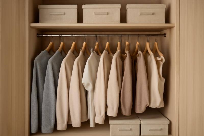 placard organisé avec cintres et boîtes