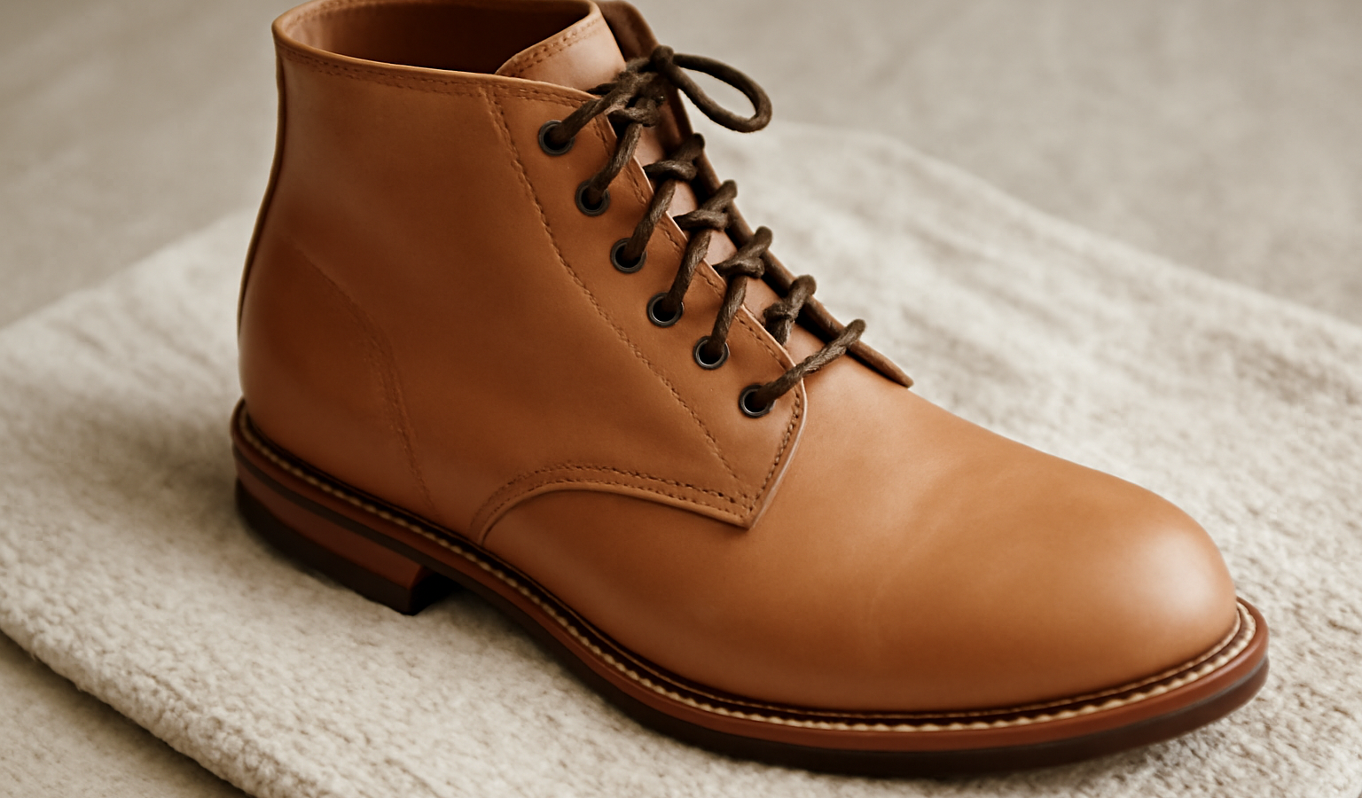 bottine en cuir clair posée sur serviette