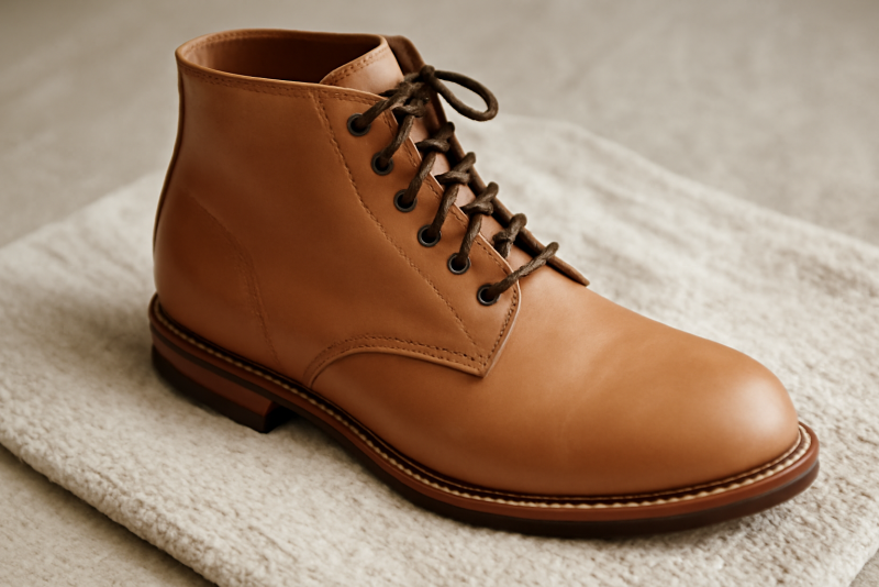 bottine en cuir clair posée sur serviette