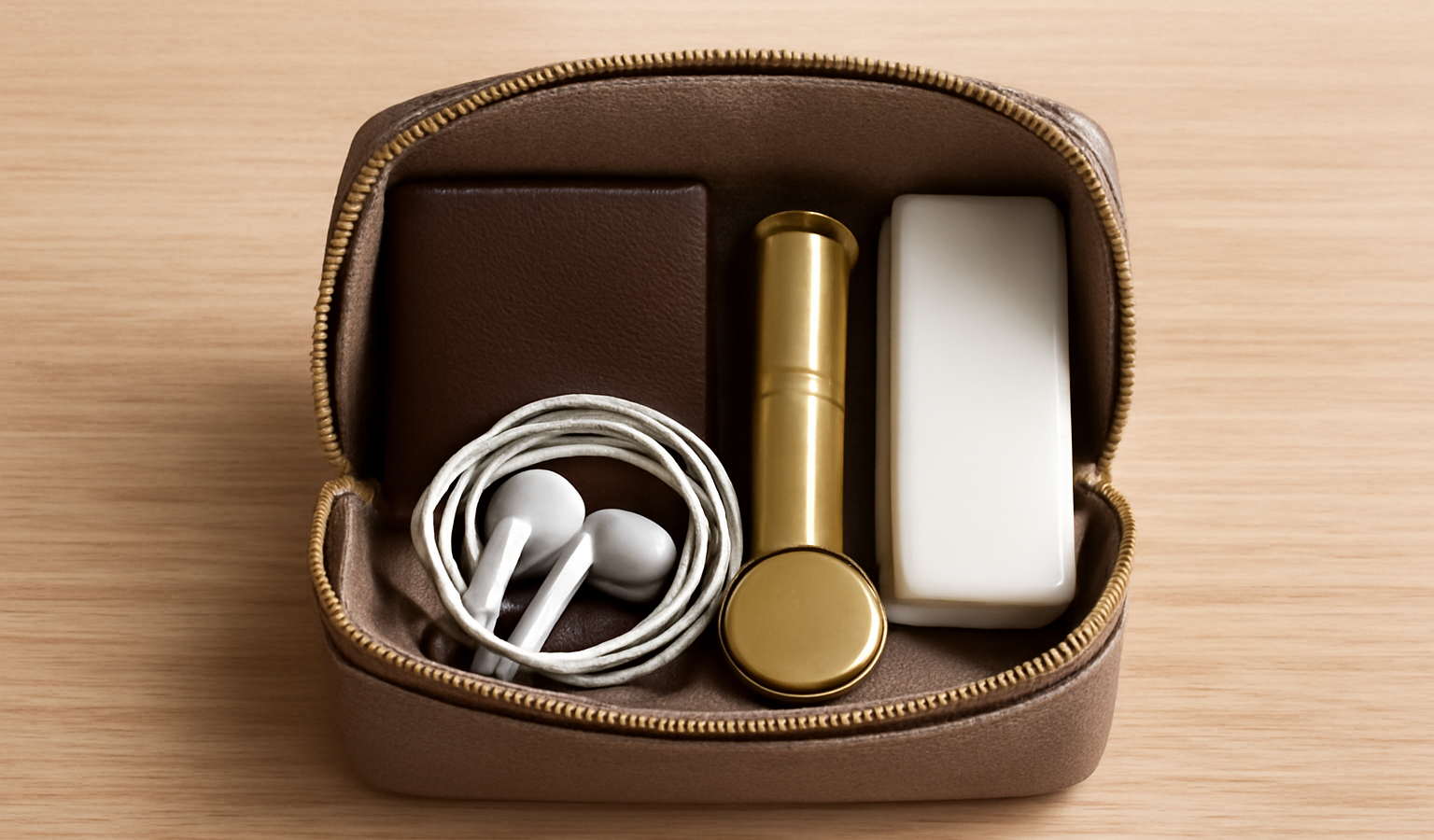 petit sac ouvert avec accessoires bien rangés