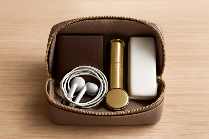 petit sac ouvert avec accessoires bien rangés
