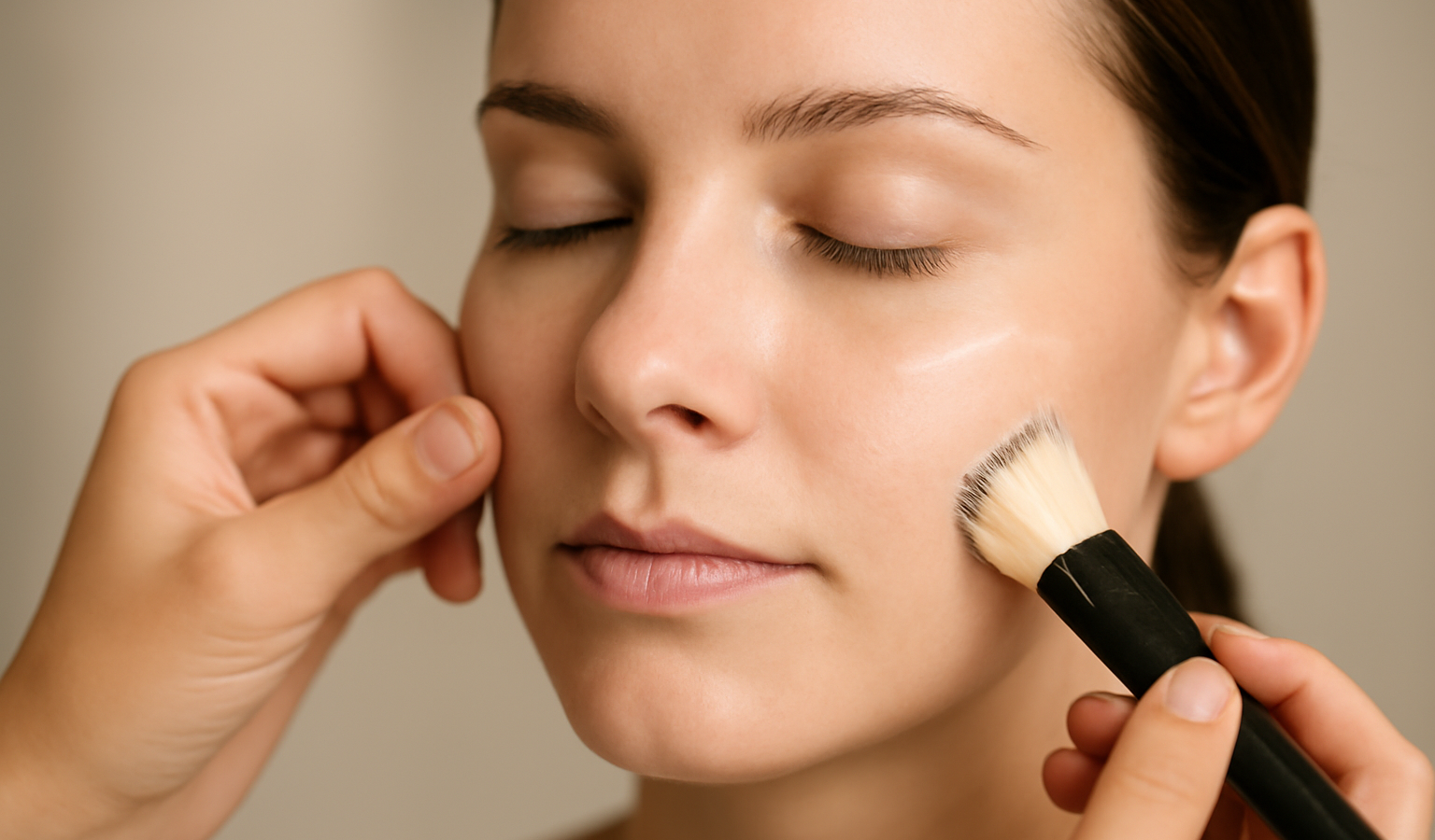 mains appliquant une base sur visage
