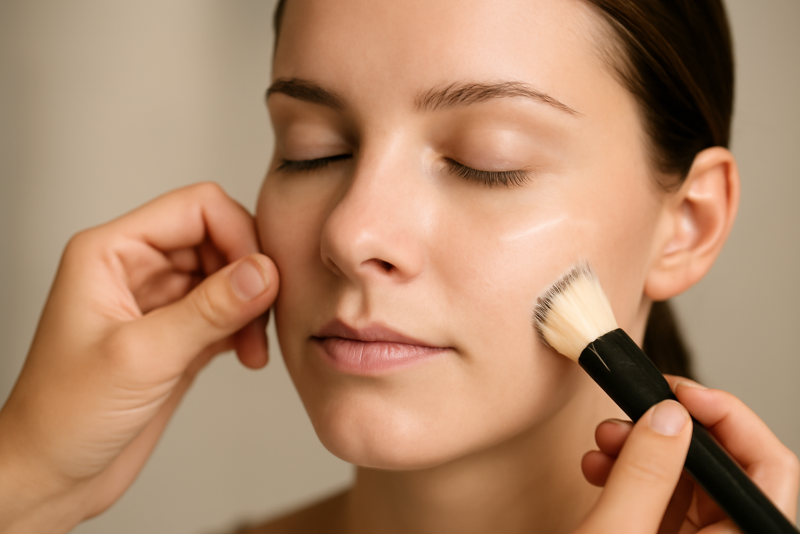 mains appliquant une base sur visage