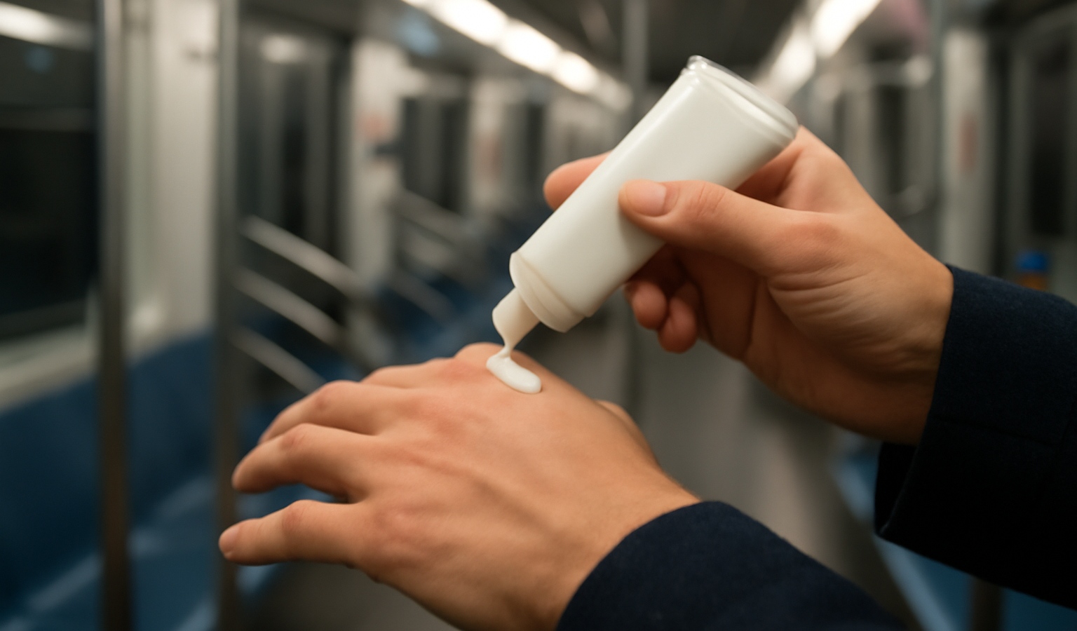 mains appliquant crème dans le métro
