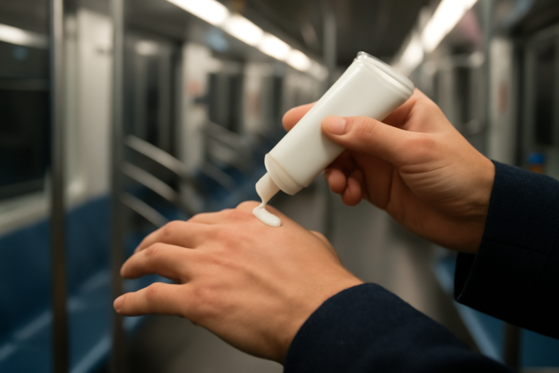 mains appliquant crème dans le métro