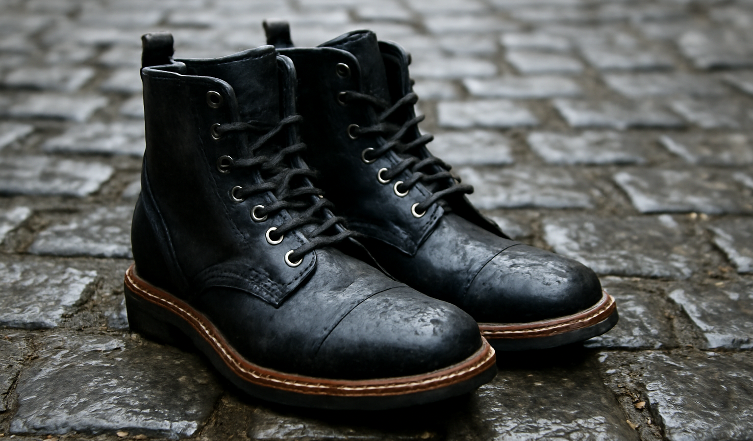bottines montantes posées sur pavé mouillé