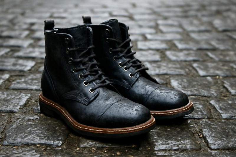 bottines montantes posées sur pavé mouillé