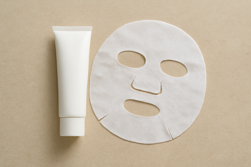 flacon crème à côté d'un masque