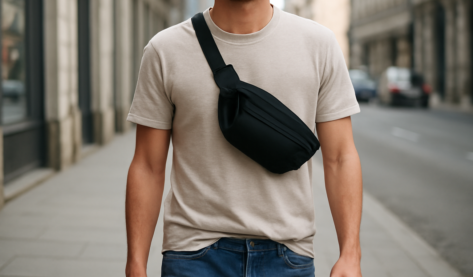 personne portant un sac banane en ville