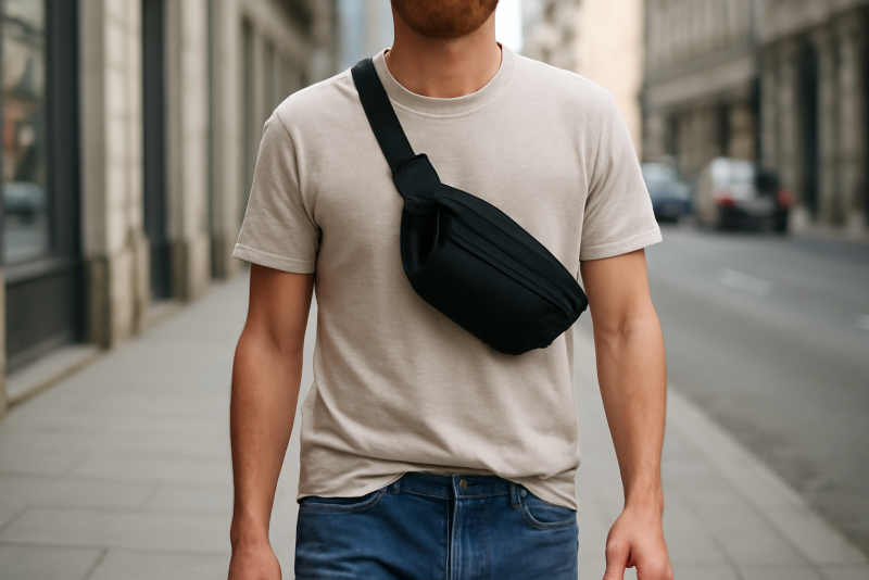 personne portant un sac banane en ville