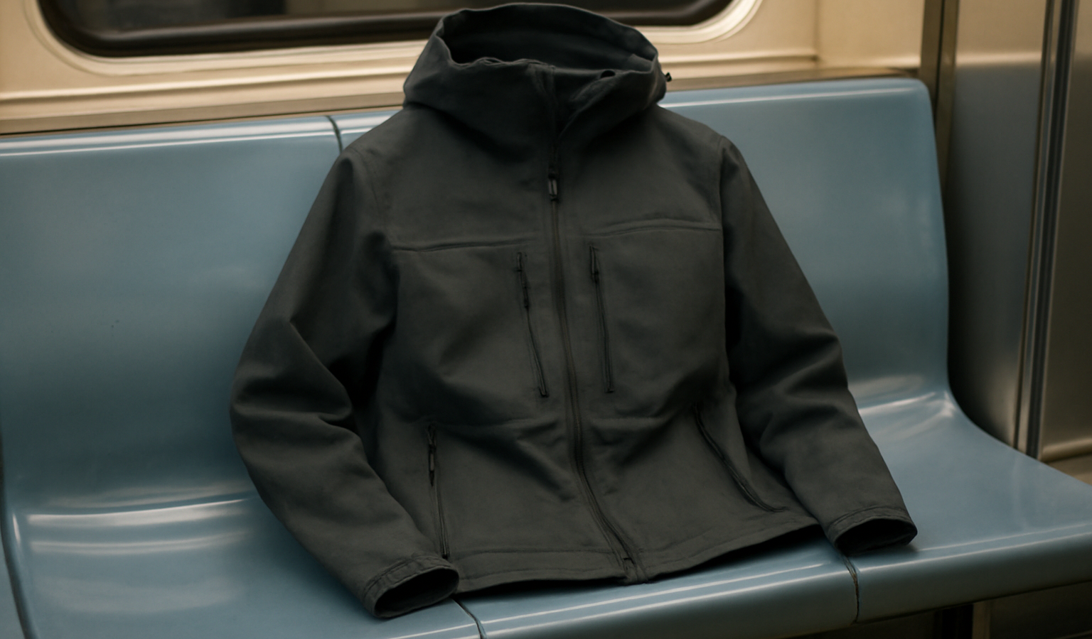 veste technique posée sur banc de métro