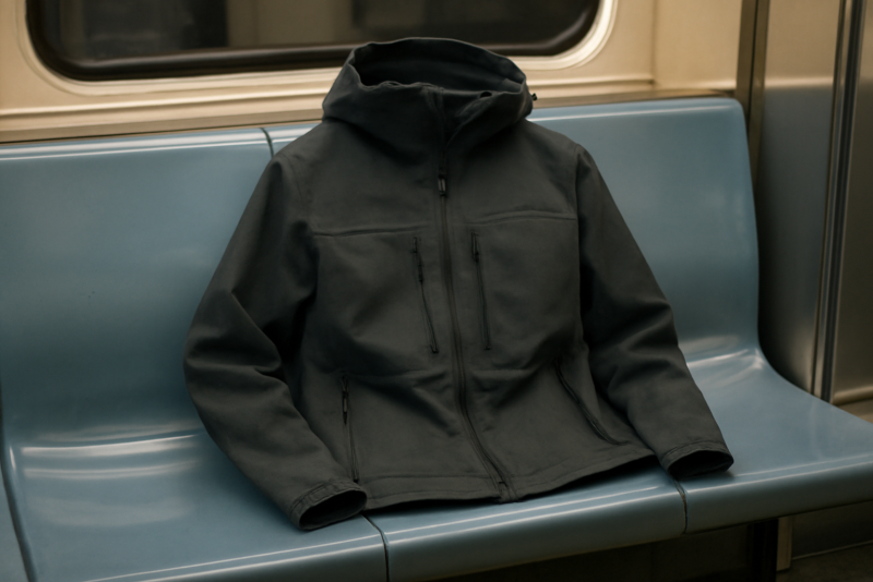 veste technique posée sur banc de métro