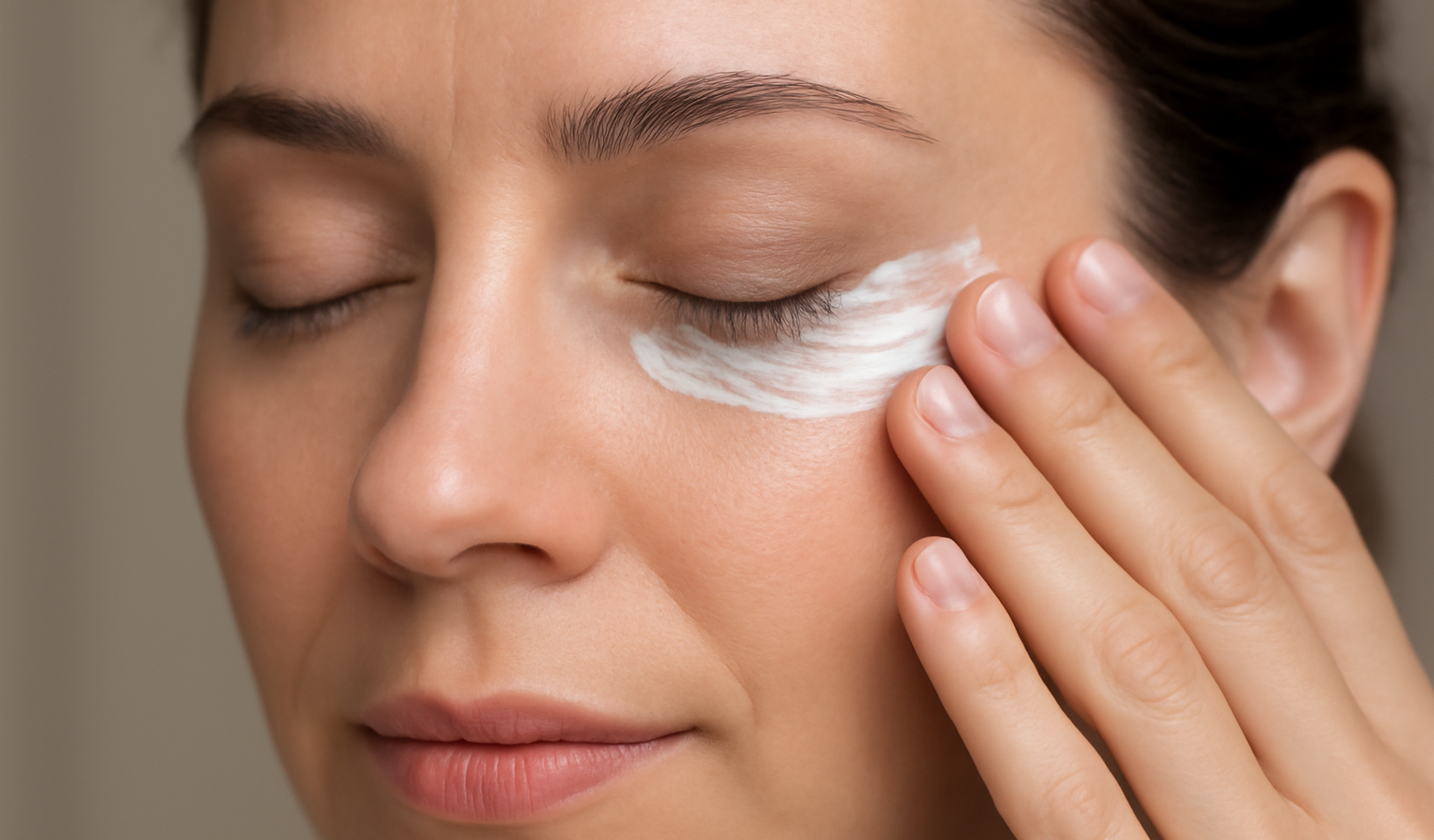 mains appliquant produit autour des yeux