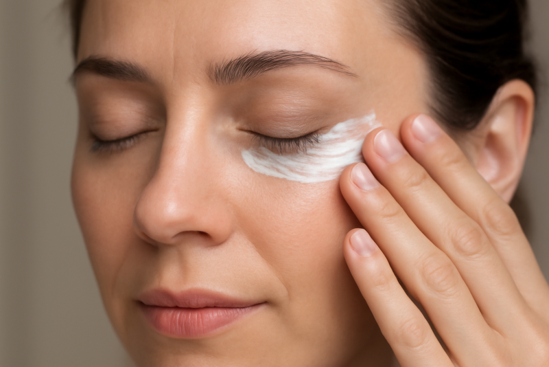 mains appliquant produit autour des yeux