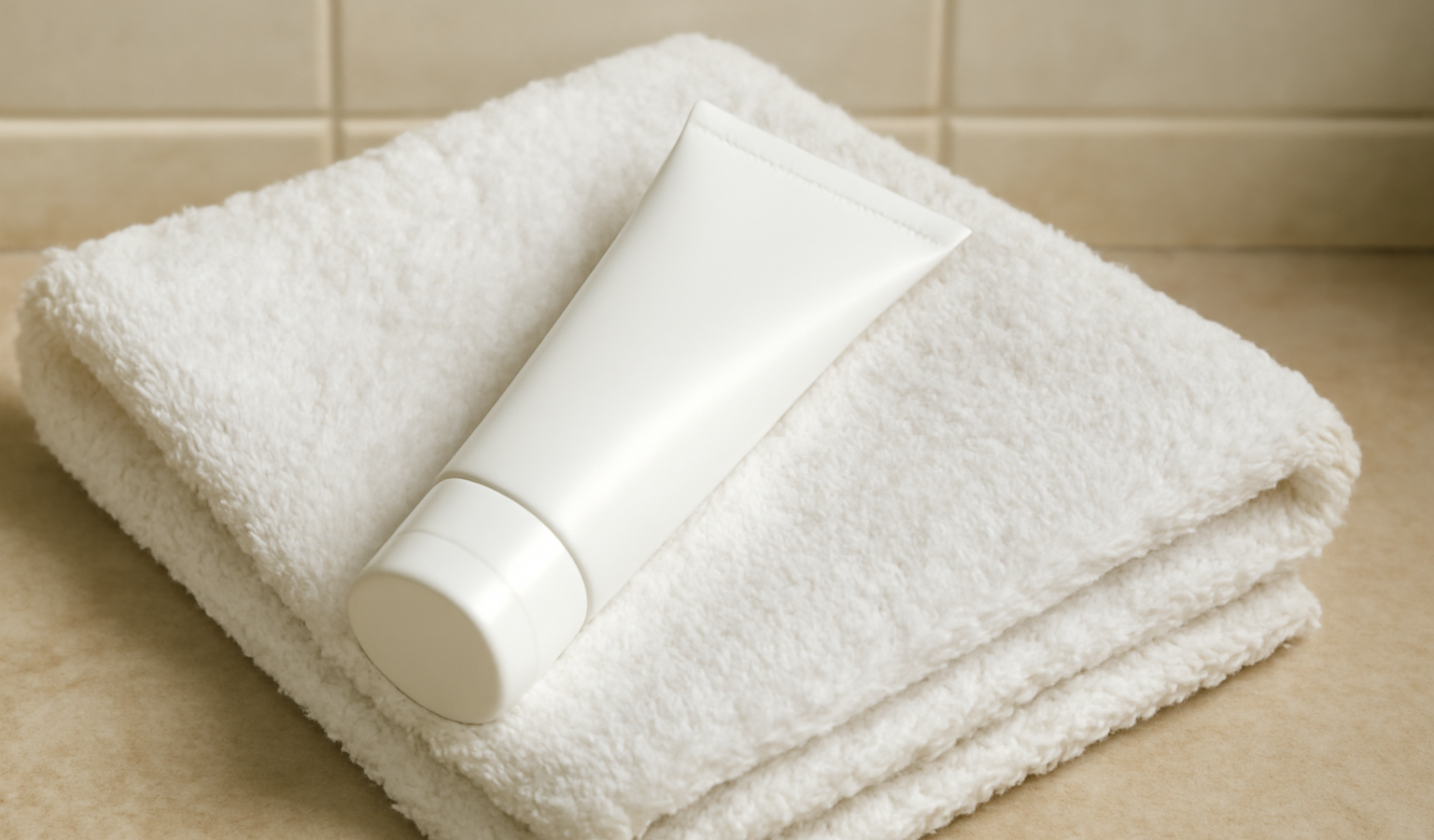 tube de crème posé sur serviette salle de bain