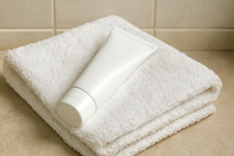 tube de crème posé sur serviette salle de bain