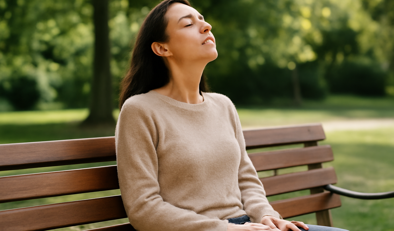 personne assise sur banc respirant profondément