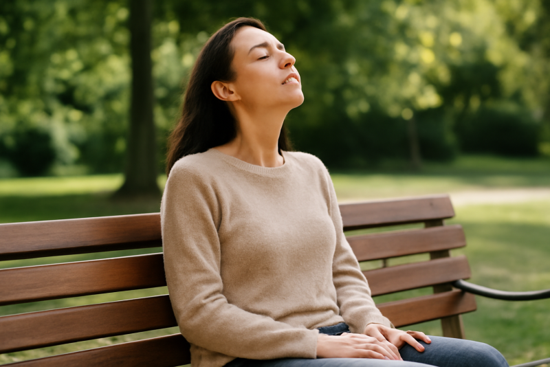 personne assise sur banc respirant profondément