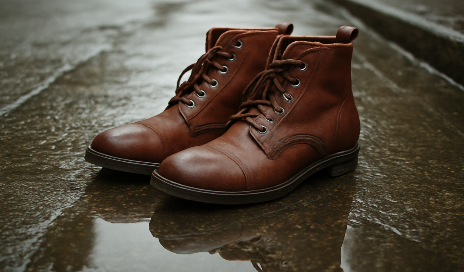 paires de bottines posées sur trottoir humide