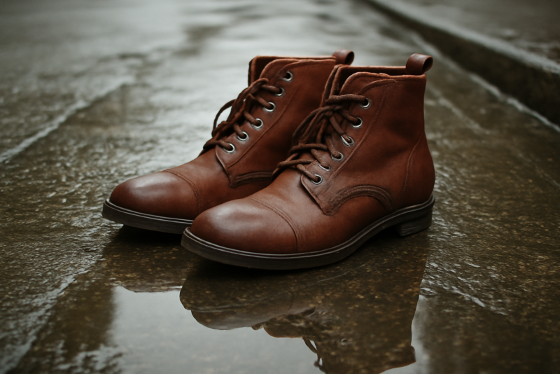 paires de bottines posées sur trottoir humide