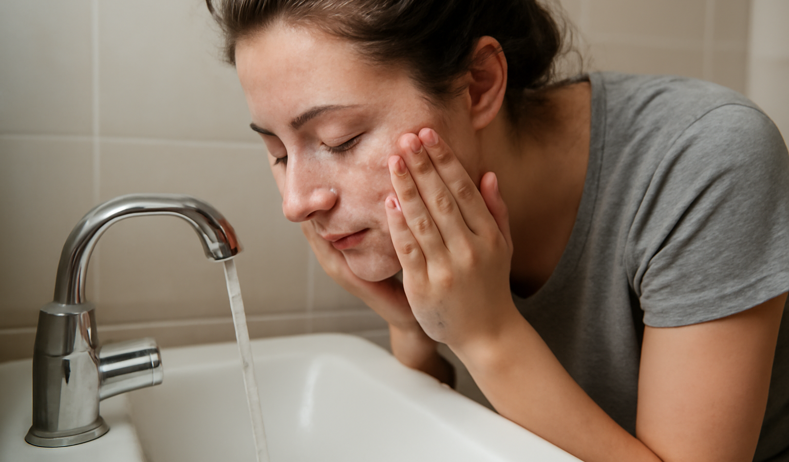 personne nettoyant son visage à l'évier