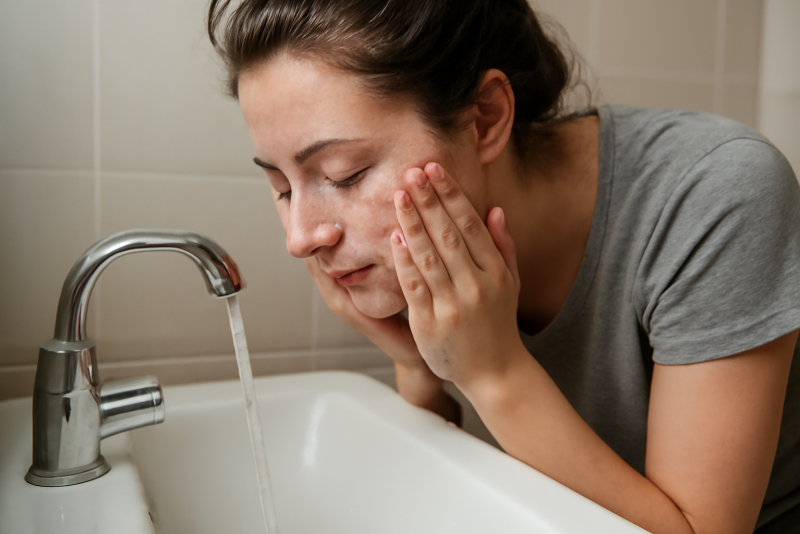 personne nettoyant son visage à l'évier