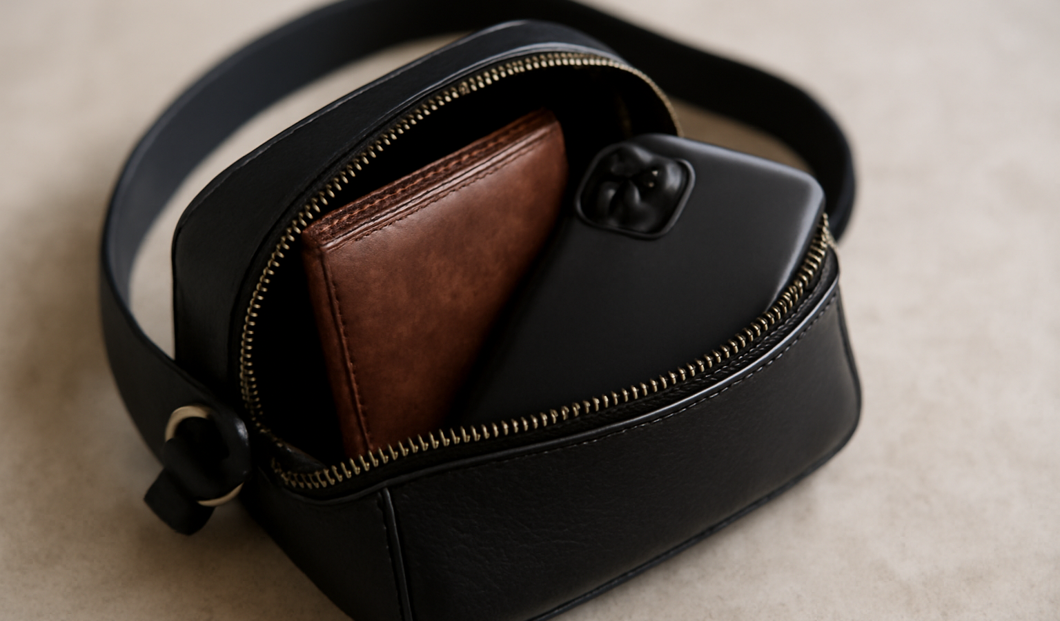 petit sac ouvert avec portefeuille et téléphone