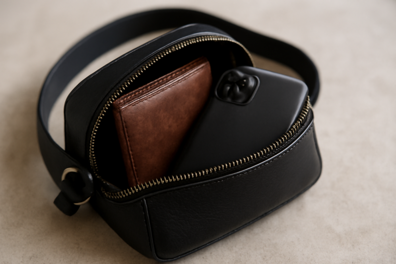 petit sac ouvert avec portefeuille et téléphone